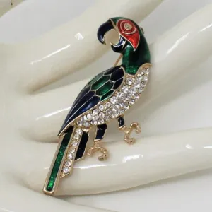 Brooch / Pin, Bird, Parrot, Macaw,  Blue & Green Enamel with Rhinestones, Vintage