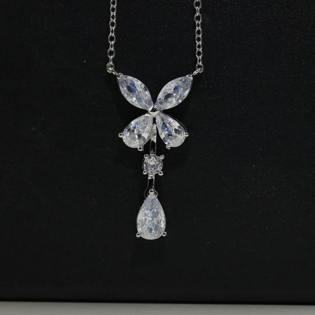 BUTTERFLY PEAR SHAPE CLASSIC SILVER DIAMOND DROP NECKLACE