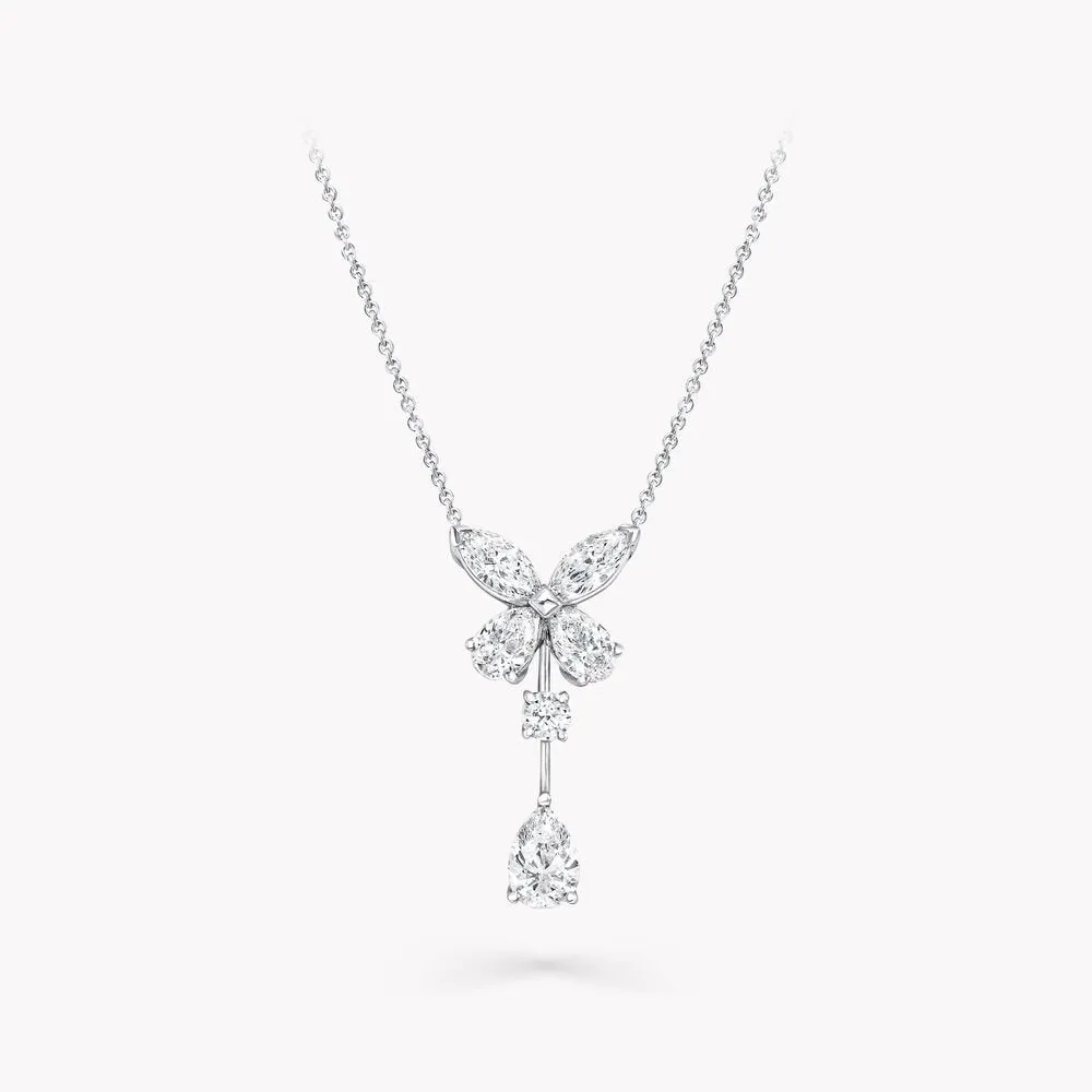 BUTTERFLY PEAR SHAPE CLASSIC SILVER DIAMOND DROP NECKLACE