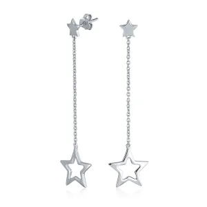 Celestial Patriotic USA Star Chain Dangle Earrings Sterling Silver 2.5 Inch