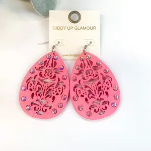 Chic Wooden Teardrop Earrings in Neon Pink with AB Crystals