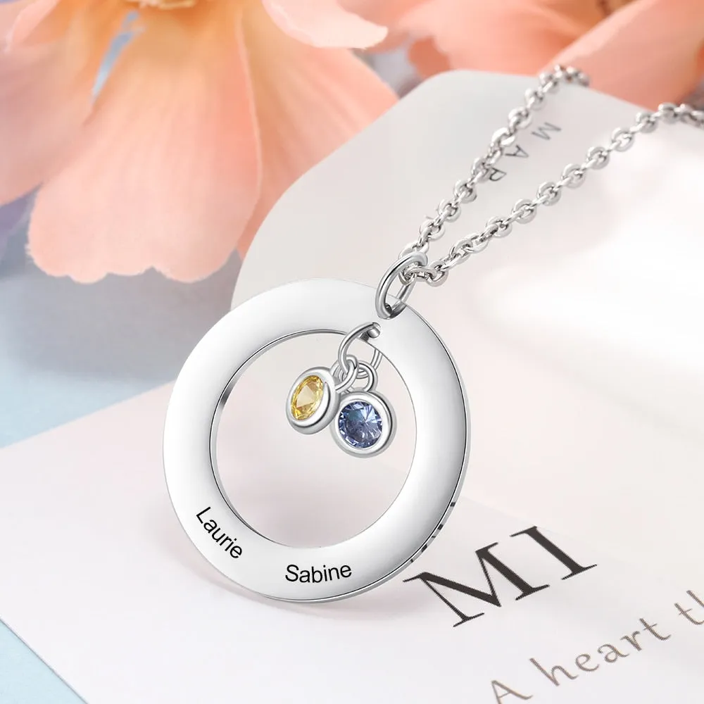 Circle Necklace with 1-3 Birthstones Custom Round Pendant Name Necklace