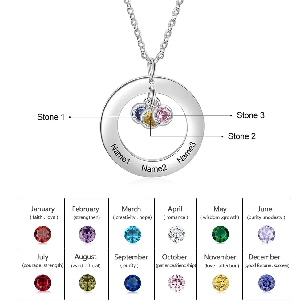 Circle Necklace with 1-3 Birthstones Custom Round Pendant Name Necklace