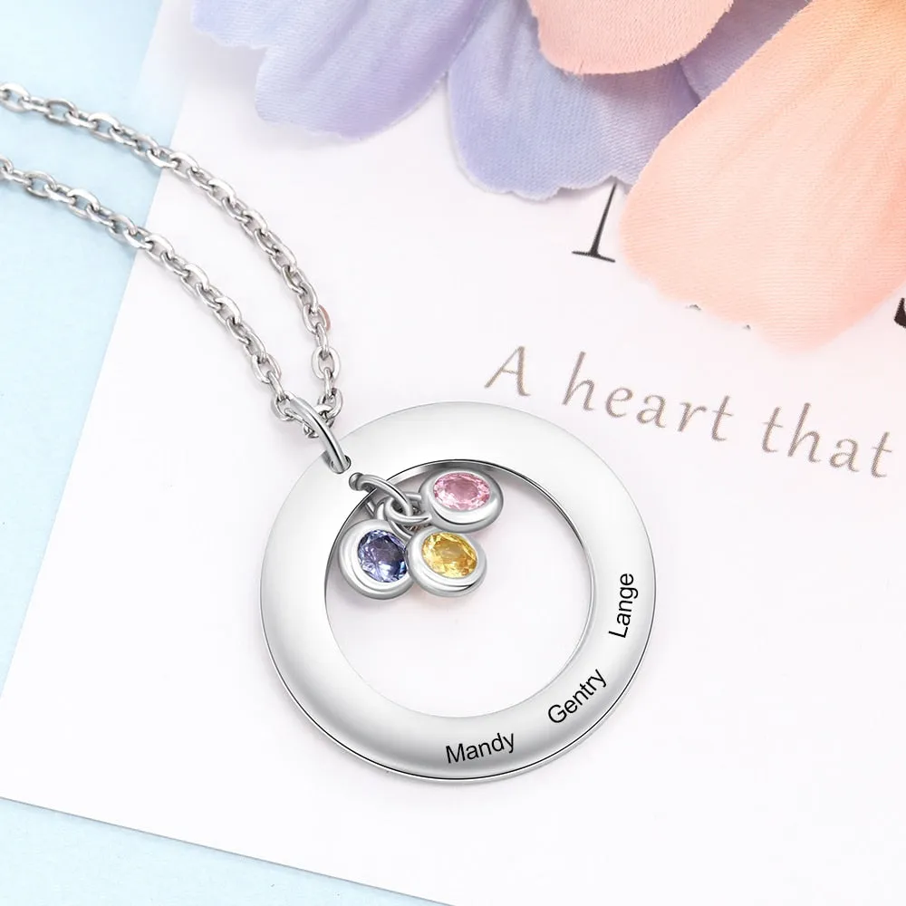 Circle Necklace with 1-3 Birthstones Custom Round Pendant Name Necklace