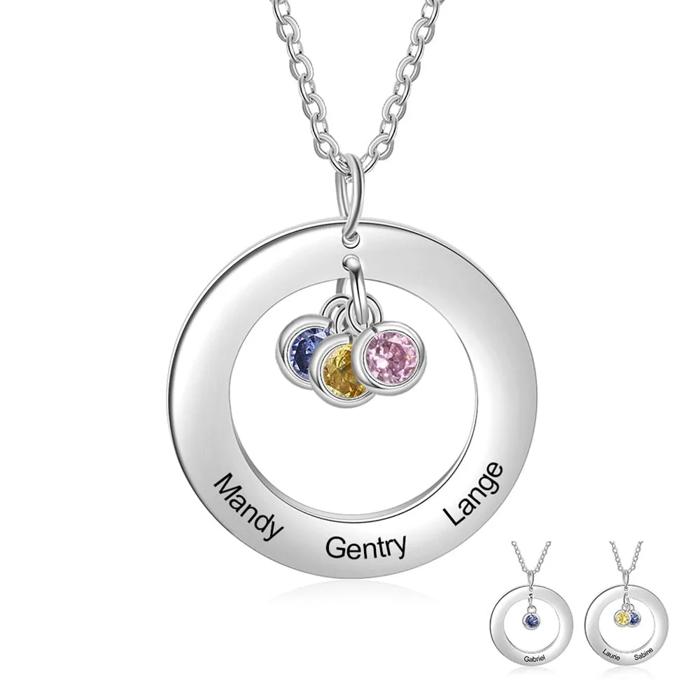 Circle Necklace with 1-3 Birthstones Custom Round Pendant Name Necklace