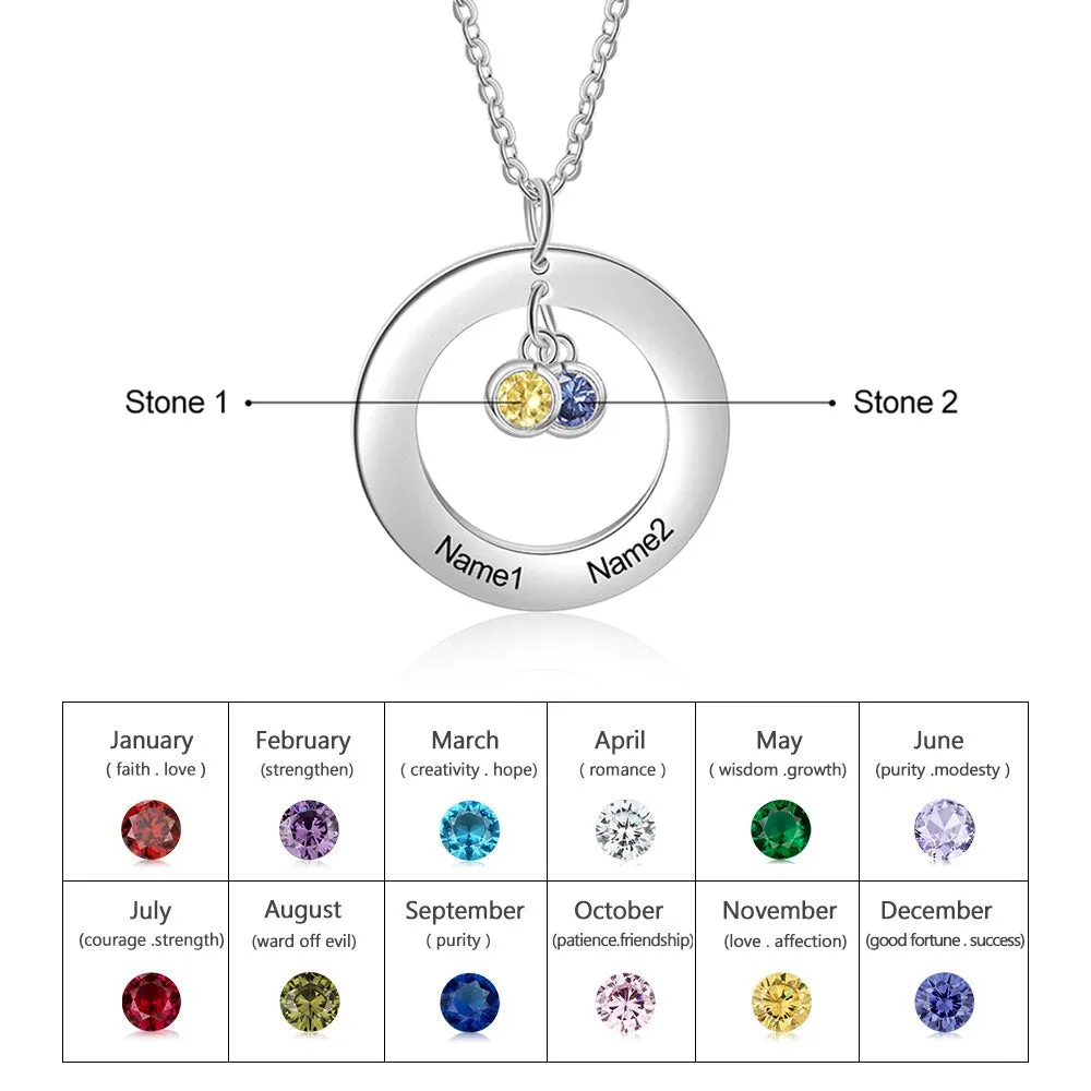 Circle Necklace with 1-3 Birthstones Custom Round Pendant Name Necklace