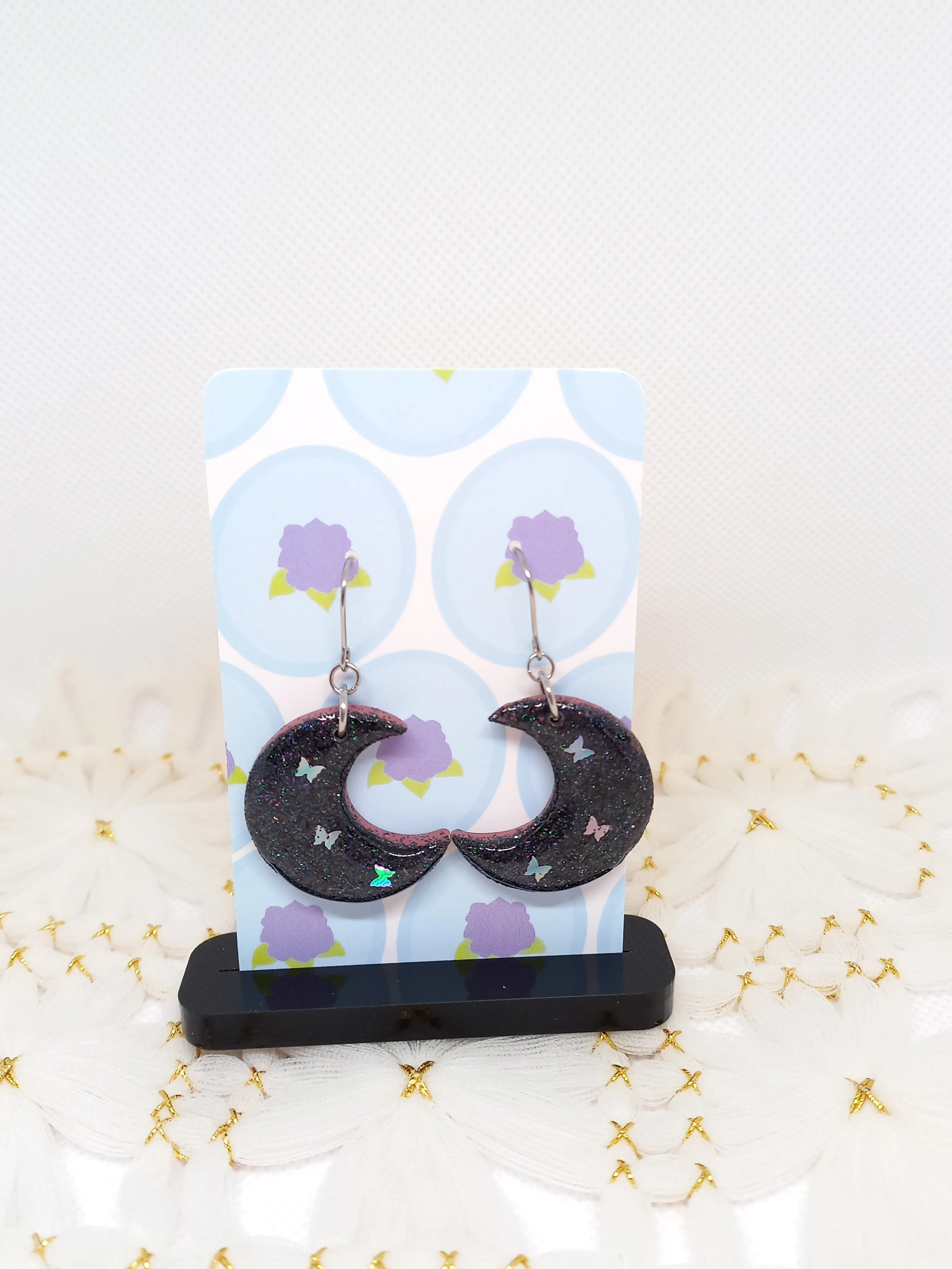 Dark Blue Glittery Moon Earrings | Sparkles Collection