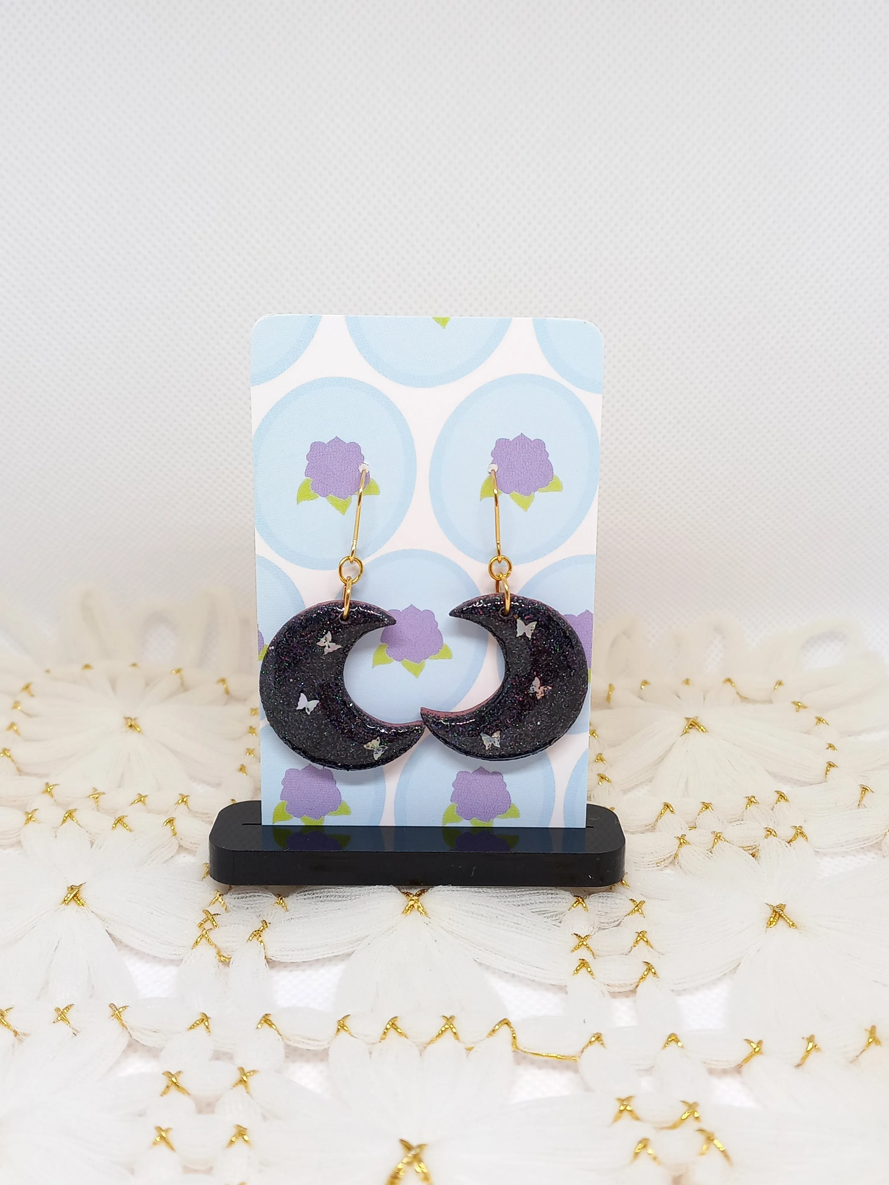 Dark Blue Glittery Moon Earrings | Sparkles Collection