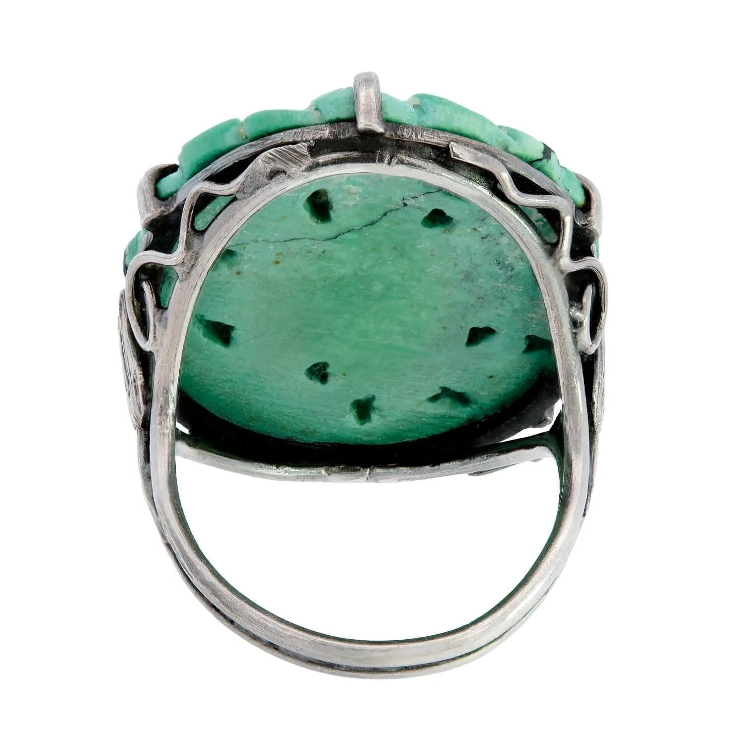 Edwardian Sterling Silver Chinese Carved Turquoise Ring