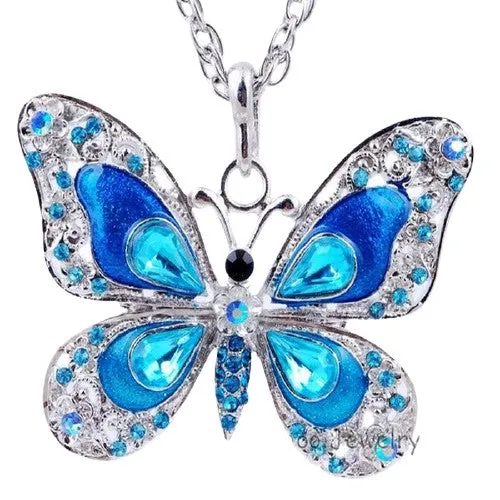 Enamel Long Necklace Chain Butterfly Crystal Pendant For Women