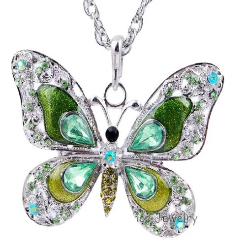 Enamel Long Necklace Chain Butterfly Crystal Pendant For Women