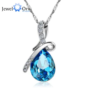 Fashion Blue Crystal Water Drop Pendant Necklace Rhodium Plated Zircon Necklaces & Pendants For Women (Jewelora NE100982)