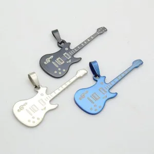 Fashion Silver Blue Black Stainless Steel Music Guitar Pendant Necklace Jewelry For Women & Men Chain 60cm Long