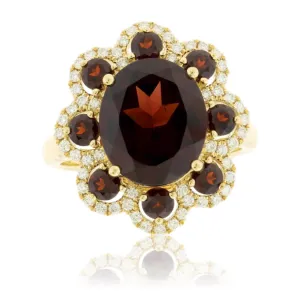 Garnet Flower Style Halo Diamond Ring