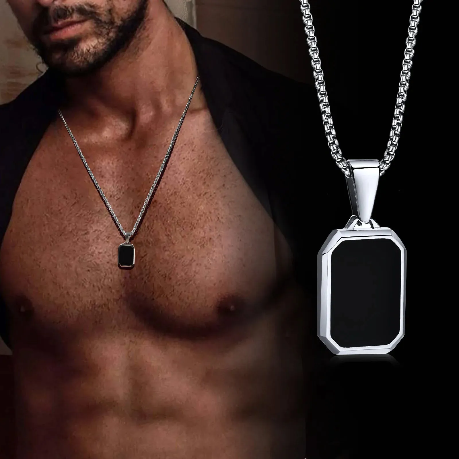 Geometric Black Enamel Necklaces for Men, Waterproof Stainless Steel Square Pendant Necklace, Simple Fashion Casual Male Collar