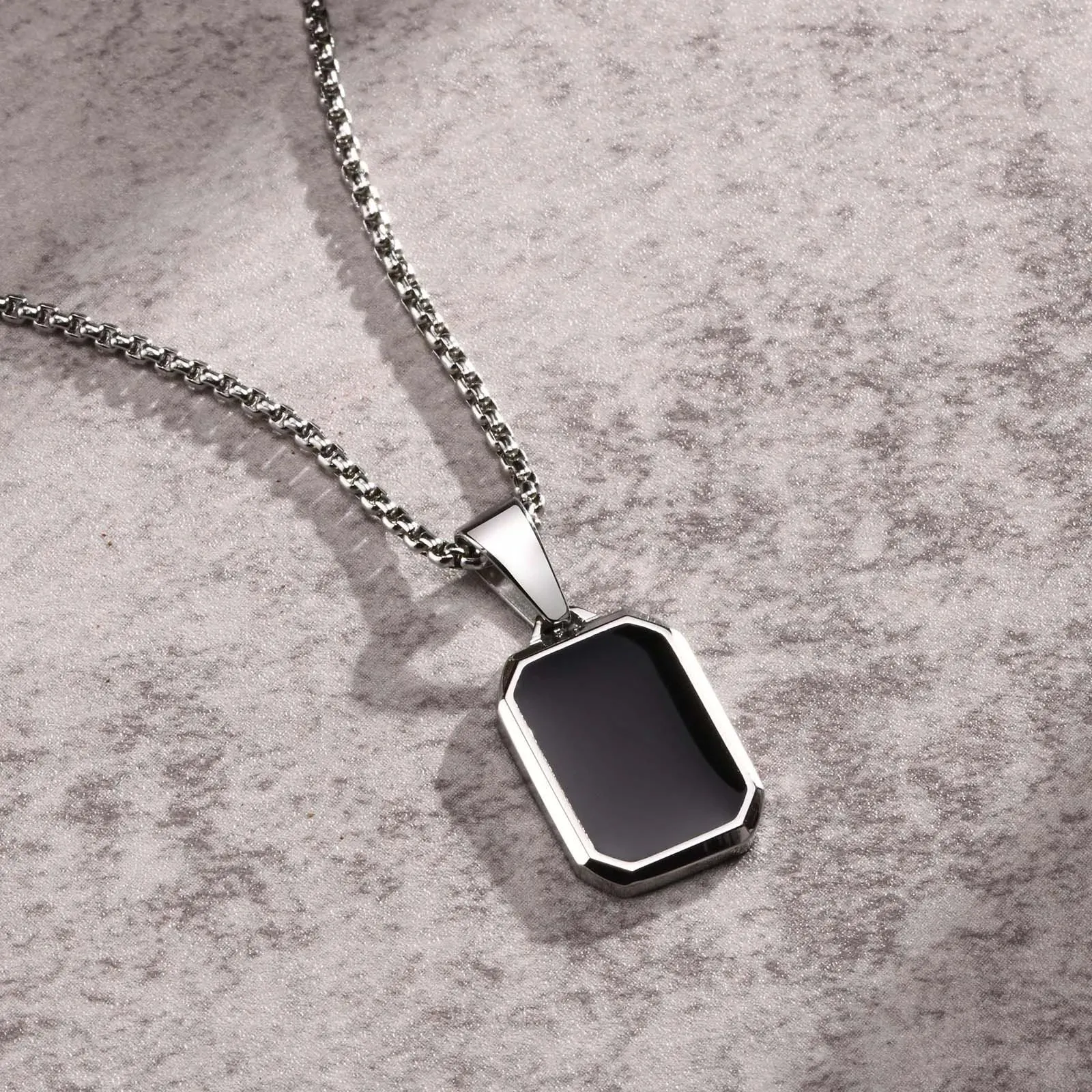 Geometric Black Enamel Necklaces for Men, Waterproof Stainless Steel Square Pendant Necklace, Simple Fashion Casual Male Collar