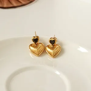 Gold Heart Drop Earrings with Black Enamel Accent-jlt11845