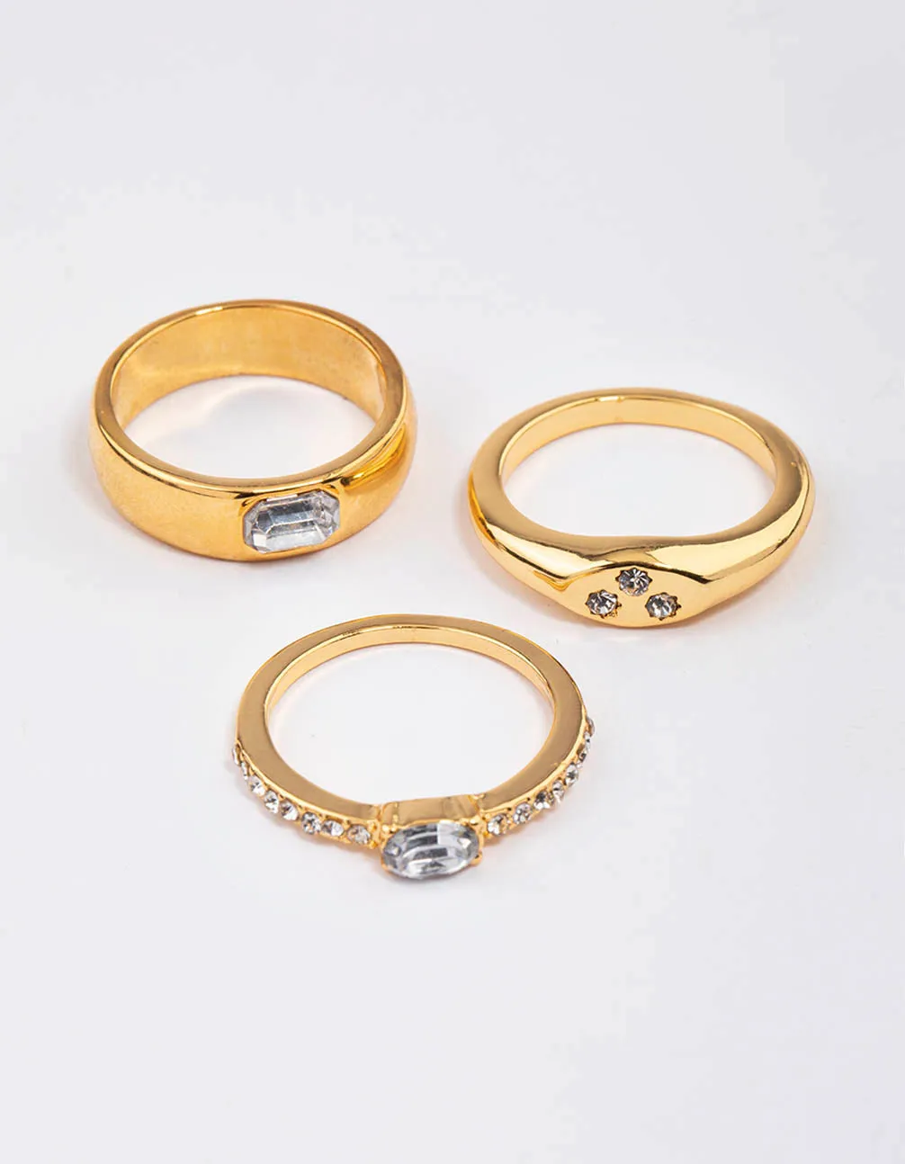 Gold Plated Round Diamante Signet Ring Pack