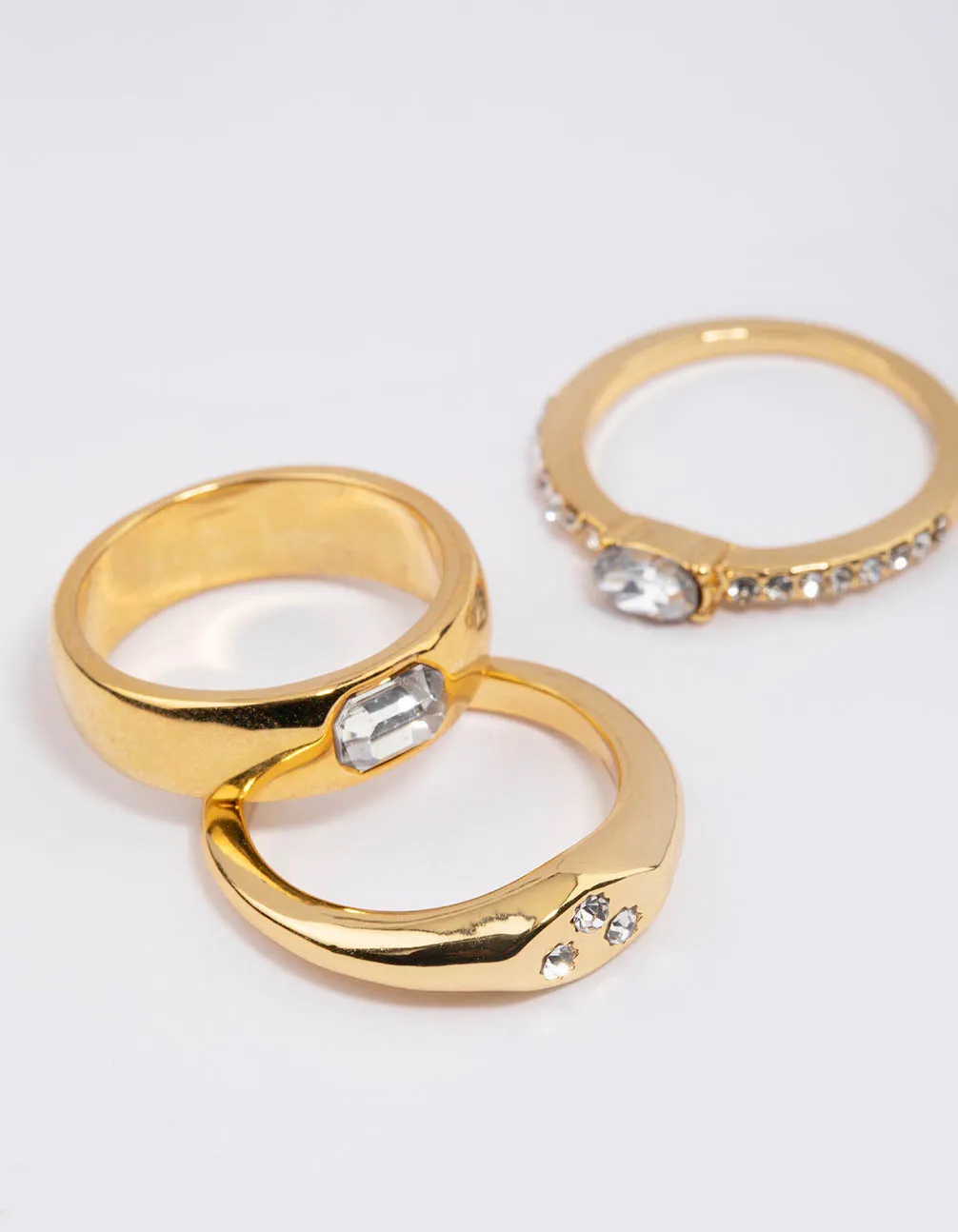 Gold Plated Round Diamante Signet Ring Pack