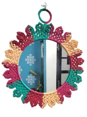 Handmade Macrame Wall Hanging Round Mirror Multicolor (Size: Total Diameter 14.5'', Mirror Diameter 9.5")