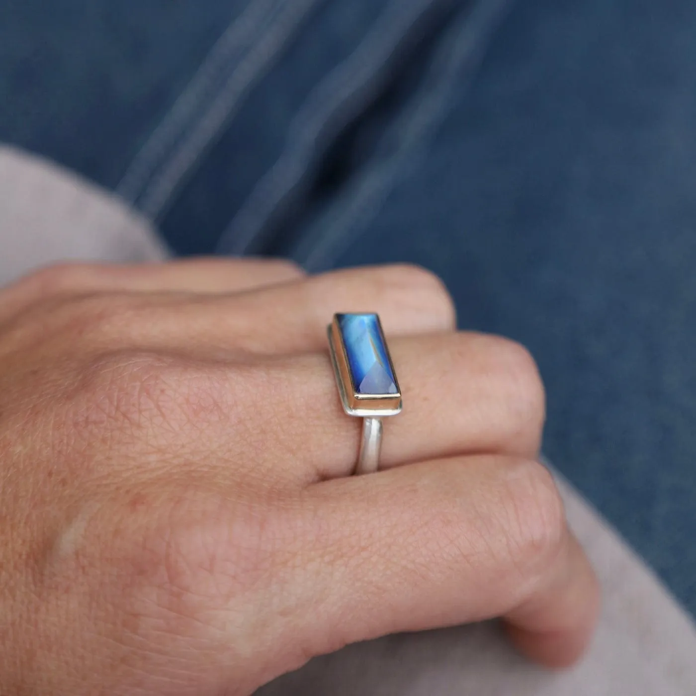 Jamie Joseph Extra Small Rectangular Inverted Blue Rainbow Moonstone Ring