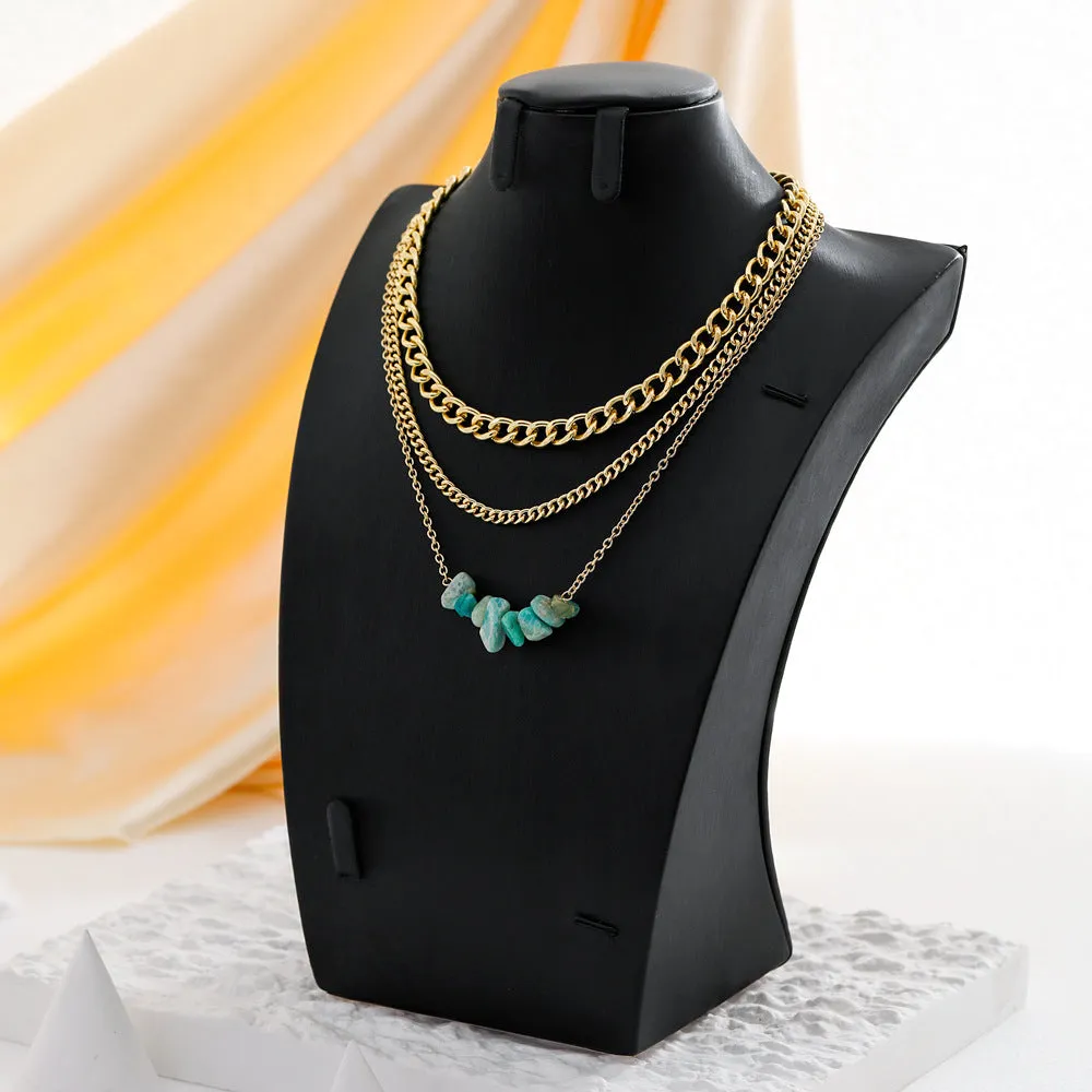 Layered Gold Chain Necklace with Turquoise Stones – Boho Chic Statement Piece-jltn0550