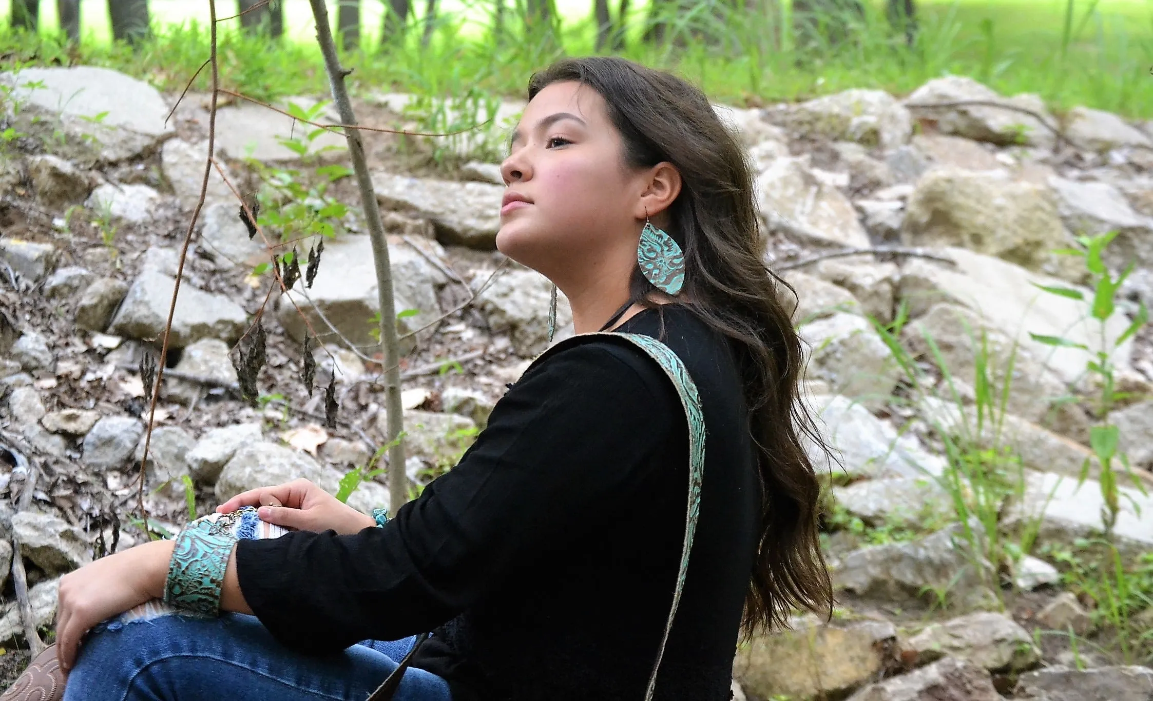 Leather Oval Earrings Cowboy Turquoise 203a