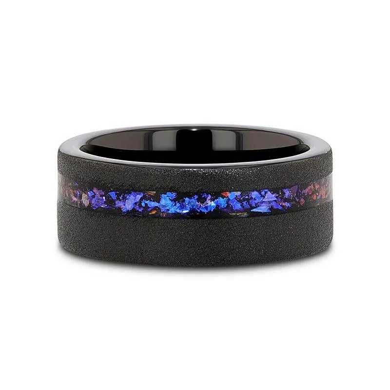 MIRAGE Sandblasted Black Tungsten Ring with Crushed Alexandrite and Dark Blue & Purple Crushed Goldstone - 8mm