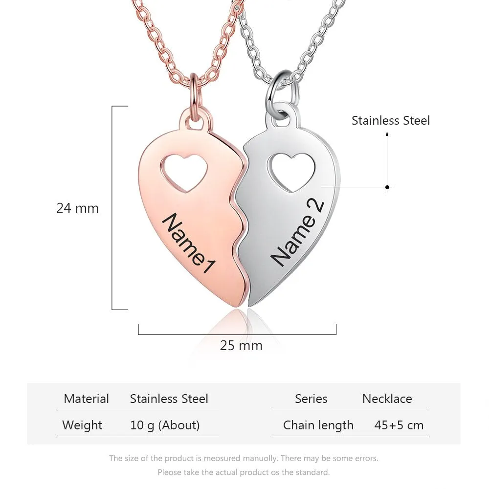 Name Engraving BFF Necklace Customized Rose Gold Silver Color Heart Couple Pendants