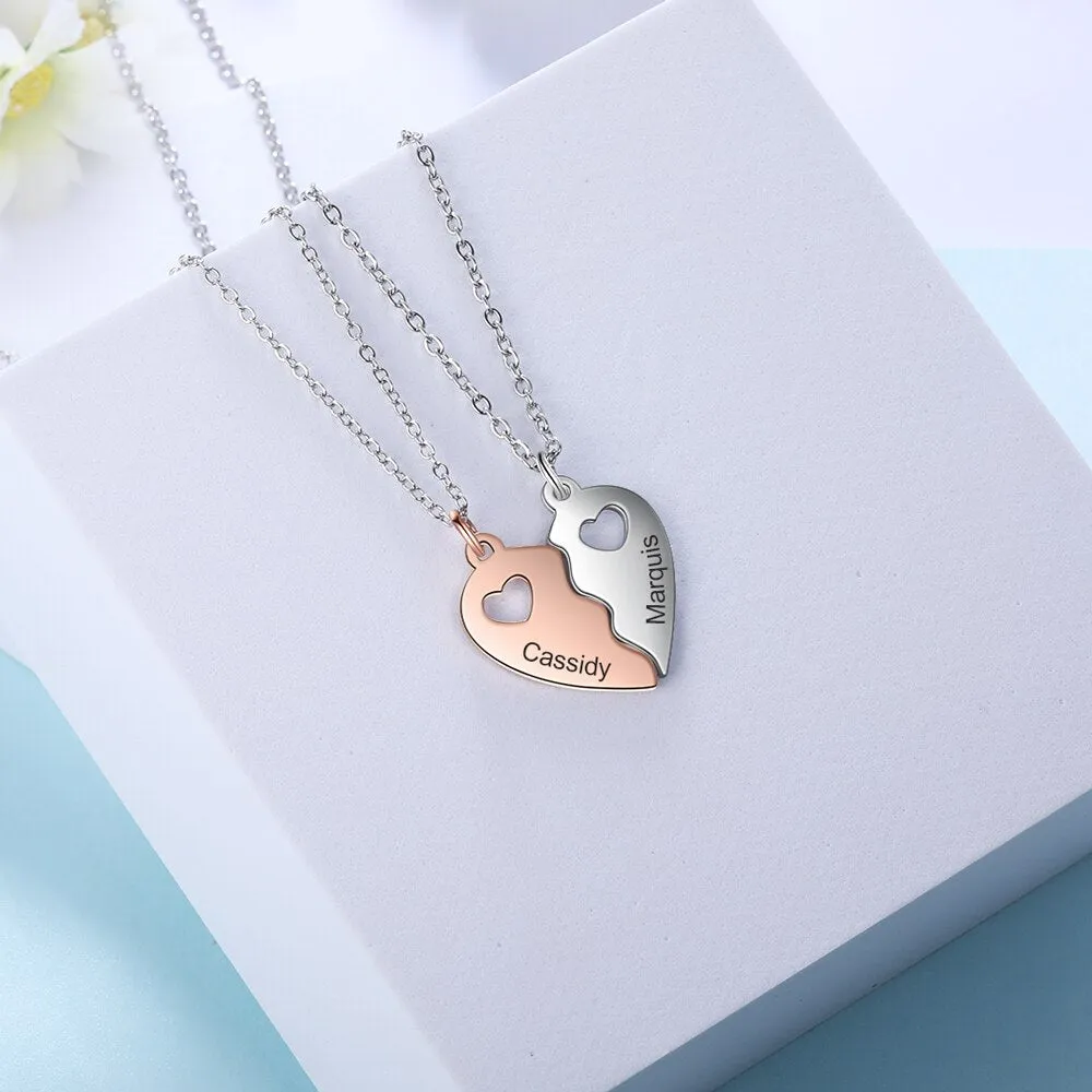 Name Engraving BFF Necklace Customized Rose Gold Silver Color Heart Couple Pendants