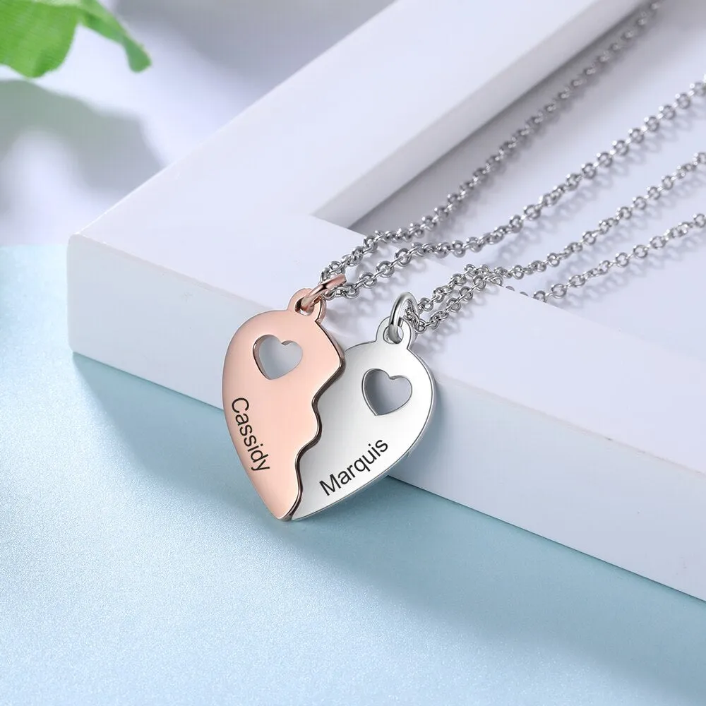 Name Engraving BFF Necklace Customized Rose Gold Silver Color Heart Couple Pendants