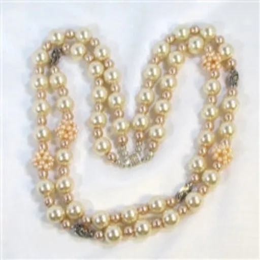 Peach Pearl Statement Necklace Long Double Strand