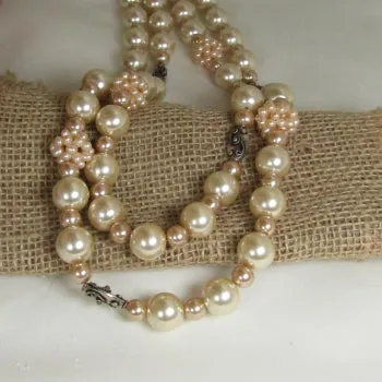 Peach Pearl Statement Necklace Long Double Strand