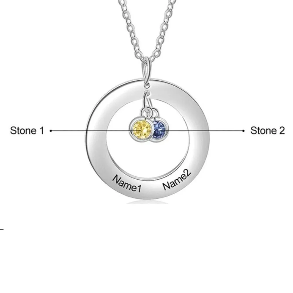 Personalized 2 Names And 2 Birthstones Stainless Steel Circle Necklace