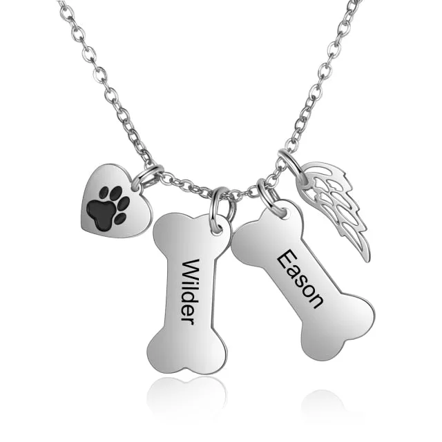 Personalized 4 Names Dog Bone Necklace with Pet Paw Customized Engraving Name Pendant Memorial Jewelry Gifts