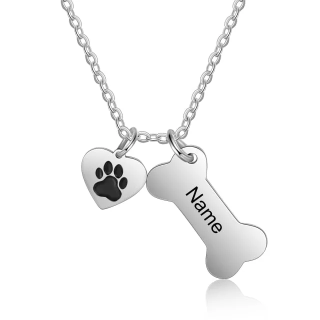 Personalized 4 Names Dog Bone Necklace with Pet Paw Customized Engraving Name Pendant Memorial Jewelry Gifts