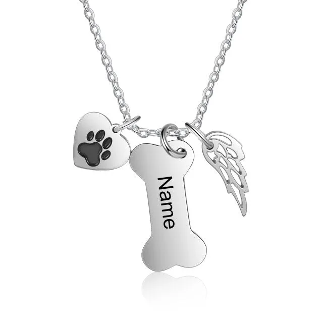 Personalized 4 Names Dog Bone Necklace with Pet Paw Customized Engraving Name Pendant Memorial Jewelry Gifts