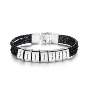 Personalized Engraved 7 Names Leather Beads Bracelet