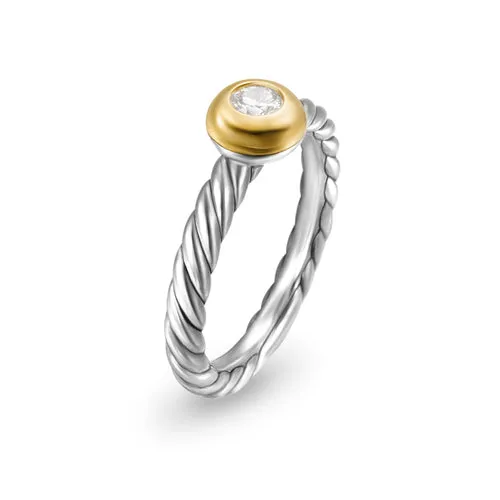 Petite Cable Ring in Sterling Silver with 14K Yellow Gold and Center Diamond, 2.8mm