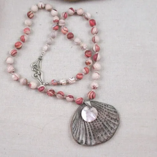 Pink & Tan Handmade Beaded Necklace with Seashell Pendant