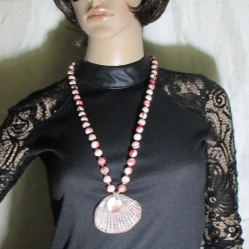 Pink & Tan Handmade Beaded Necklace with Seashell Pendant