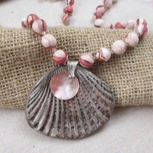 Pink & Tan Handmade Beaded Necklace with Seashell Pendant