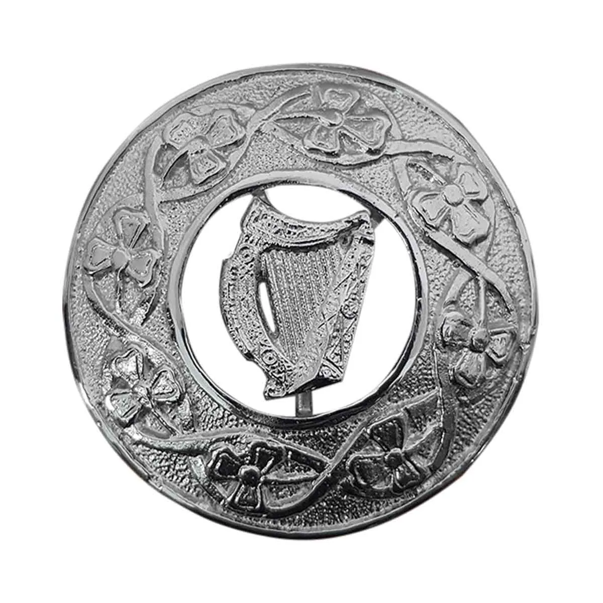 Plaid Brooch Irish Harp Round Irish Shamrock