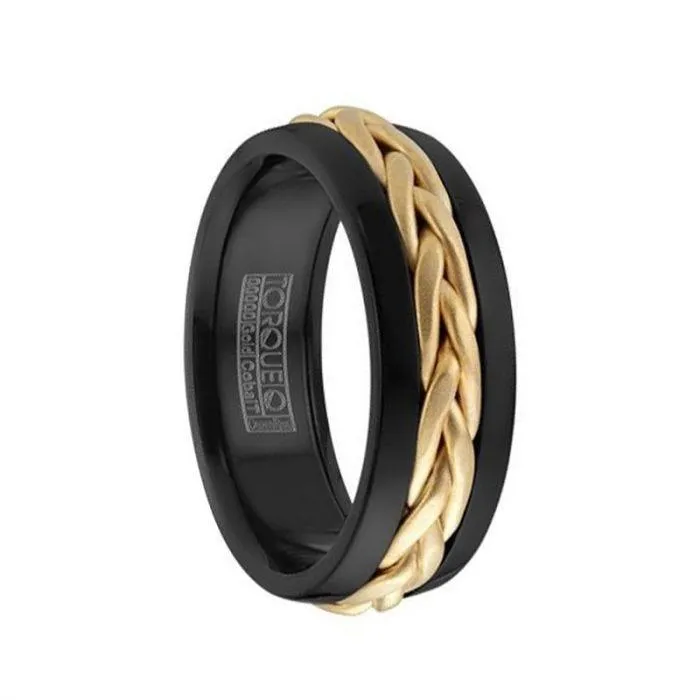 Polished Black Cobalt Men’s Wedding Band with Braided 14k Yellow Gold Center - 7.5mm