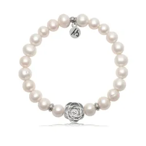 Rose Collection: White Pearl Bracelet with Sterling Silver Rose Bead