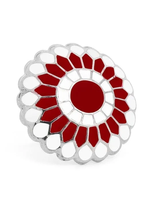 Rubans Silver-Plated Red & White Enamelled Handcrafted Adjustable Finger Ring