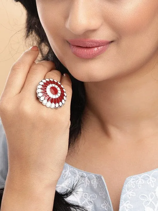 Rubans Silver-Plated Red & White Enamelled Handcrafted Adjustable Finger Ring