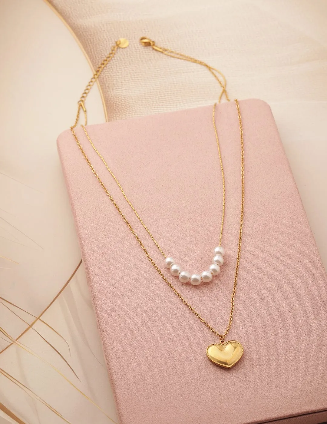 Rubans Voguish 18K Gold Plated Stainless Steel Tarnish-Free Pearl & Heart Layered Necklace