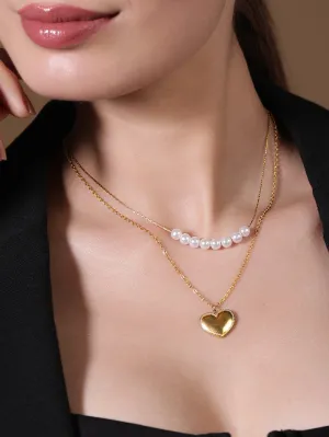 Rubans Voguish 18K Gold Plated Stainless Steel Tarnish-Free Pearl & Heart Layered Necklace