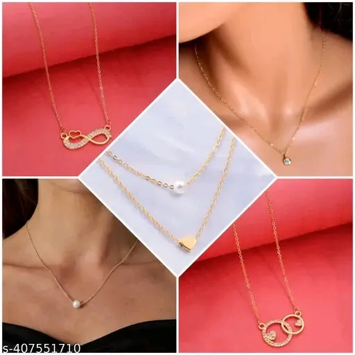 Shimmering Gold-Plated Brass Necklace Combo for Women and Girls – Elegant Bib Chain Set (5 Pieces)